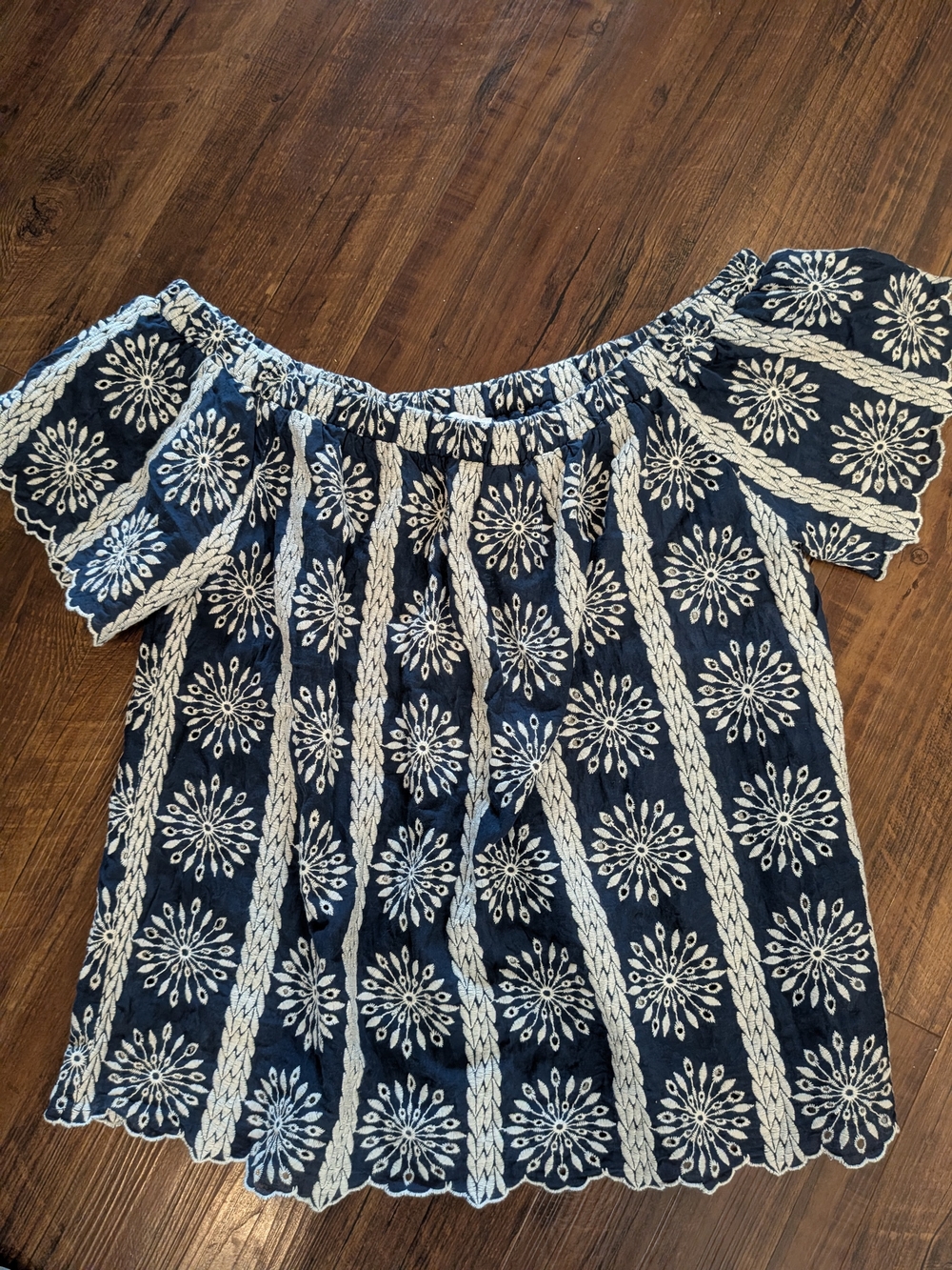 entro Navy Blue Off-Shoulder Embroidered Peasant Blouse